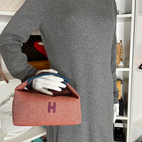 HERMES Bride-A-Brac H Natte Wool PM Tomette Red Blue Pouch Toiletry Bag - Picture 2 of 12